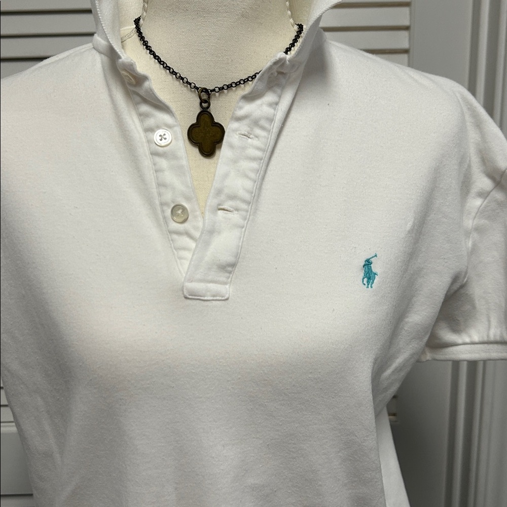 Ralph Lauren Women’s White Polo Shirt with aqua detail - Picture 2 of 4